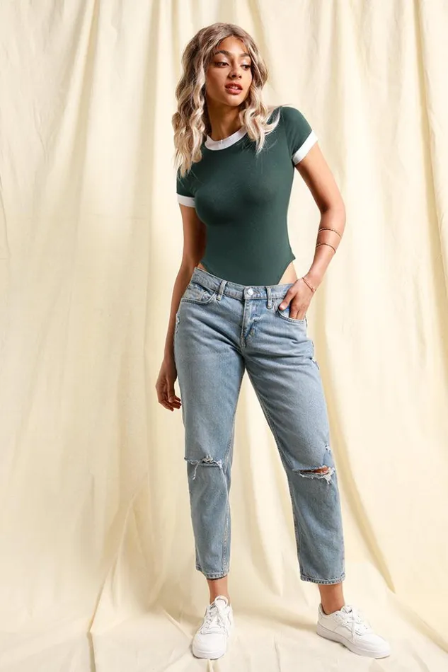 Women Bodysuits Cupshe Evangeline Round Neck Contrast Binding Bodysuit Green
