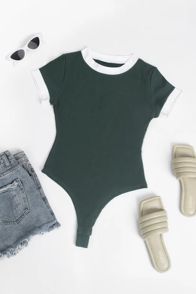 Women Bodysuits Cupshe Evangeline Round Neck Contrast Binding Bodysuit Green