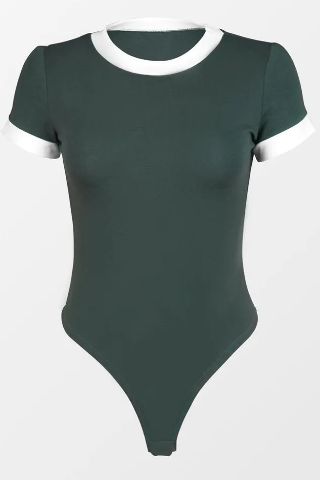 Women Bodysuits Cupshe Evangeline Round Neck Contrast Binding Bodysuit Green