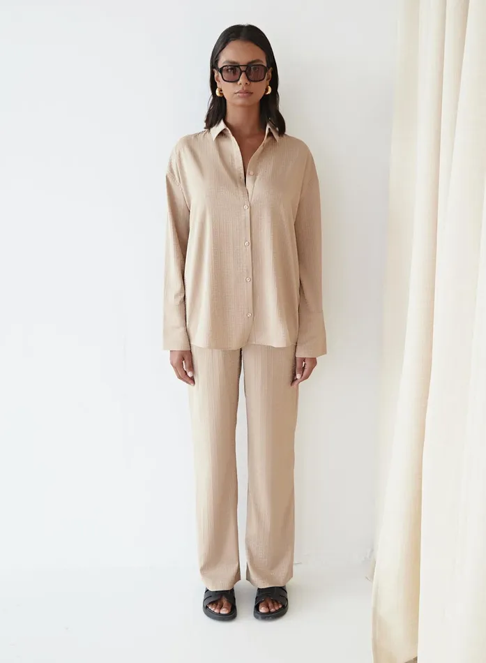 Women Camel Relaxed Geo Print Satin Trouser 8211 Mimi 4th and Reckless Pants
