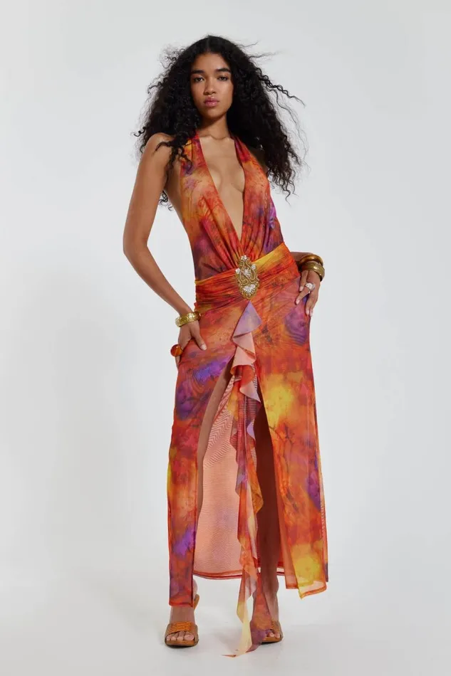 Women Cindy Plunge Maxi Dress In Orange Jaded London Maxi Dresses