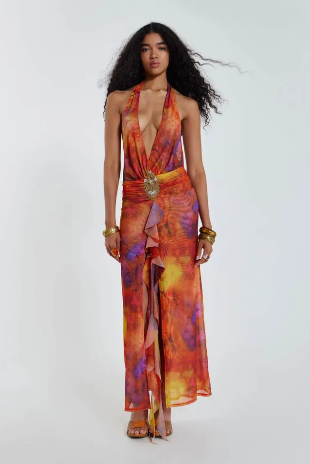 Women Cindy Plunge Maxi Dress In Orange Jaded London Maxi Dresses