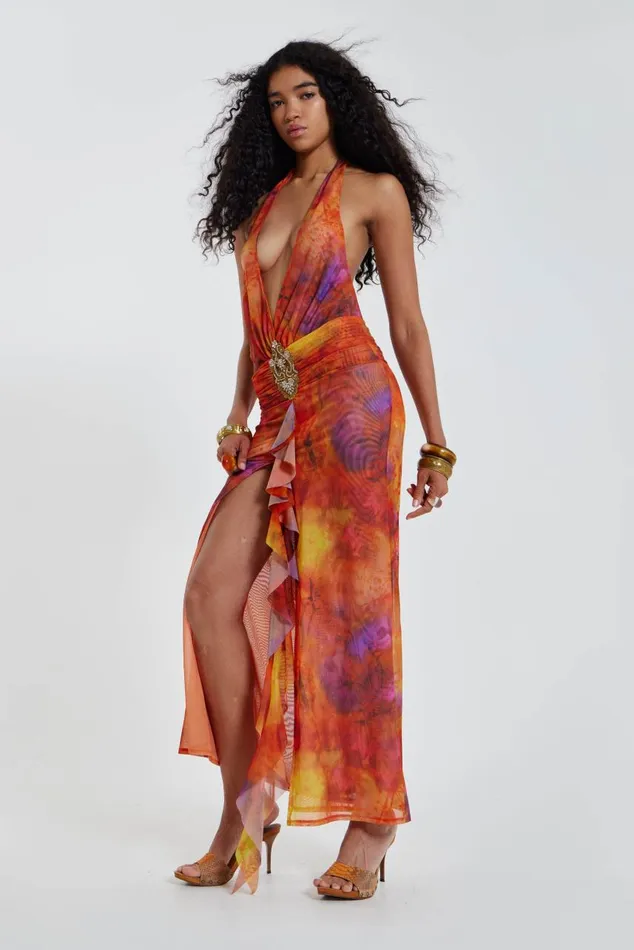 Women Cindy Plunge Maxi Dress In Orange Jaded London Maxi Dresses
