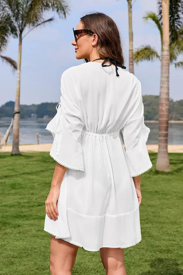 Women Cover Up Dresses Cupshe Ivory Coast Bell Sleeve Drawstring Coverup Dress White