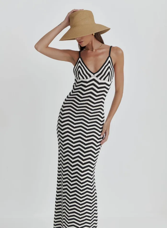 Women Cream And Black Stripe Knitted Maxi Dress Yvette 4th and Reckless Dresses
