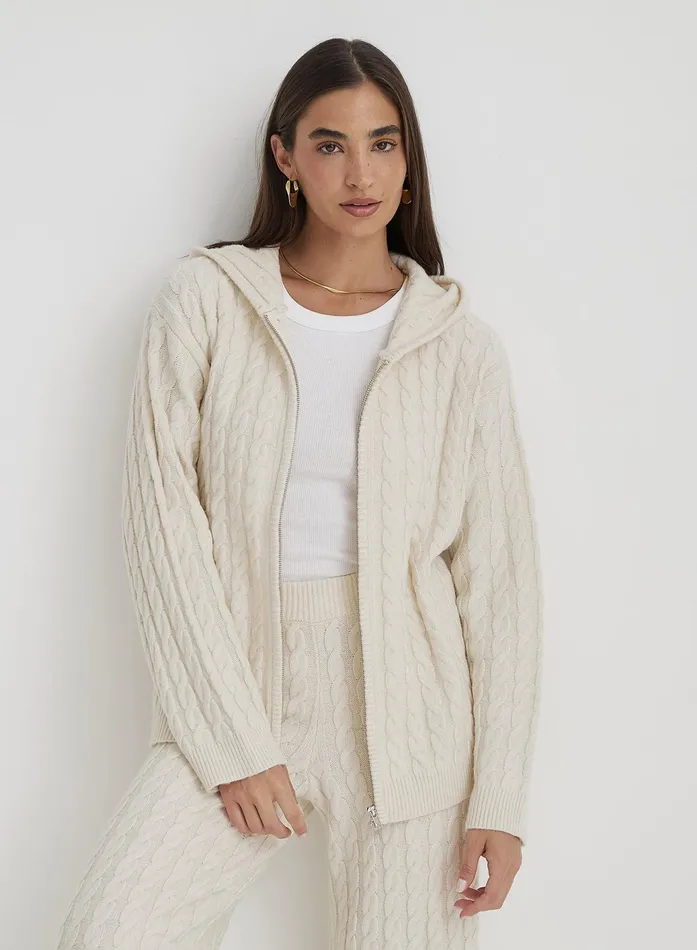 Women Cream Cable Knit Zip Hoodie Janina 4th and Reckless Knitwear