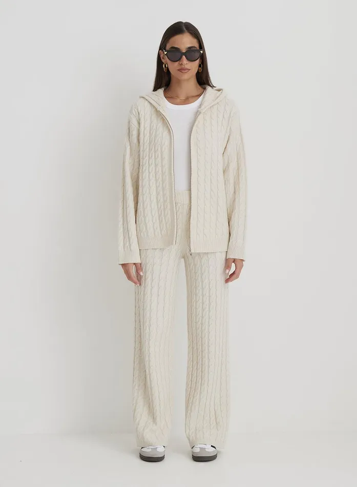 Women Cream Cable Knit Zip Hoodie Janina 4th and Reckless Knitwear