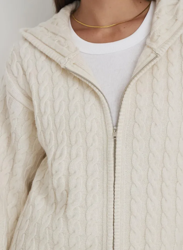 Women Cream Cable Knit Zip Hoodie Janina 4th and Reckless Knitwear
