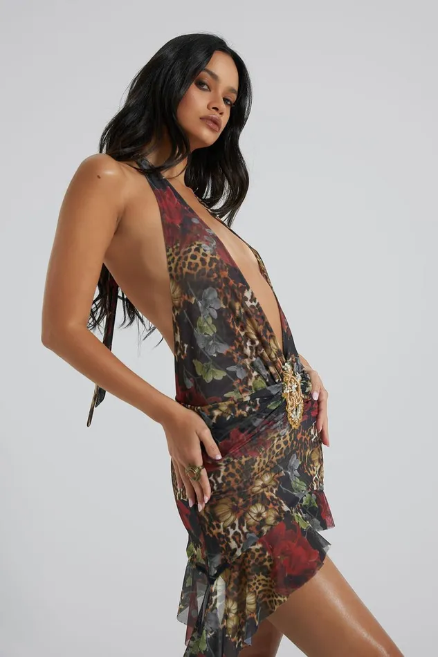 Women Dark Romantic Cheetah Print Mini Plunge Dress Jaded London Mini Dresses