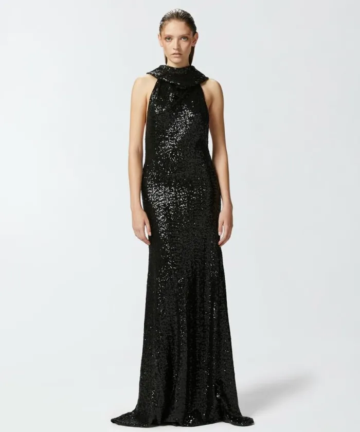 Women Dresses Pinko Elegant Long Sequinned Dress With Open Back Limo Black