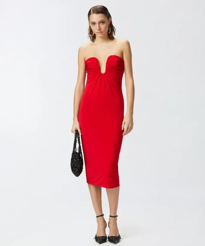 Women Dresses Pinko Evening Midi Dress With Contoured Neckline Lively Red