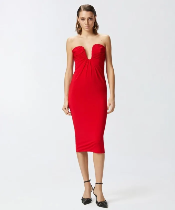Women Dresses Pinko Evening Midi Dress With Contoured Neckline Lively Red Women Dresses Pinko Evening Midi Dress With Contoured Neckline Lively Red