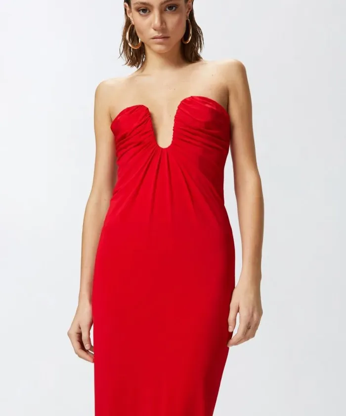 Women Dresses Pinko Evening Midi Dress With Contoured Neckline Lively Red Women Dresses Pinko Evening Midi Dress With Contoured Neckline Lively Red