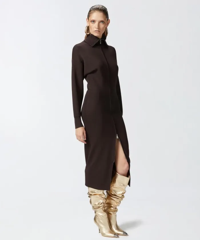Women Dresses Pinko High Neck Knitted Midi Dress With Zip Very Dark Brown