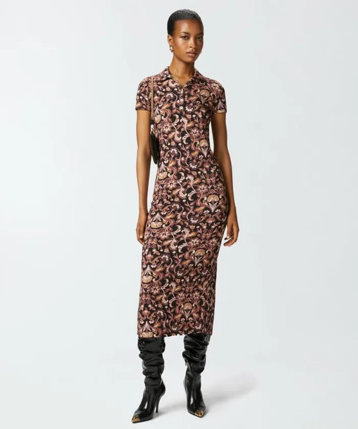Women Dresses Pinko Long Floral Dress With Short Sleeves Multi Brownbeige