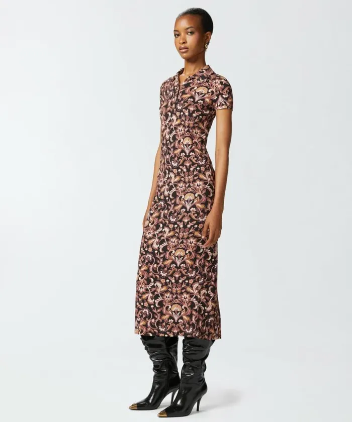 Women Dresses Pinko Long Floral Dress With Short Sleeves Multi Brownbeige Women Dresses Pinko Long Floral Dress With Short Sleeves Multi Brownbeige