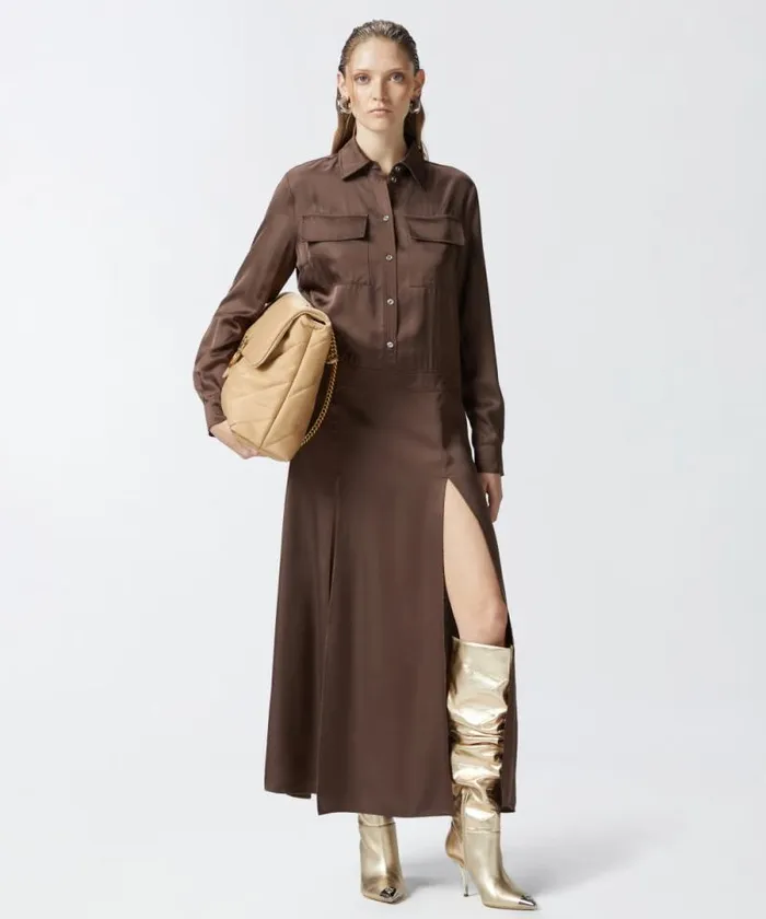 Women Dresses Pinko Long Satin Shirt Dress Brownafrica Earth
