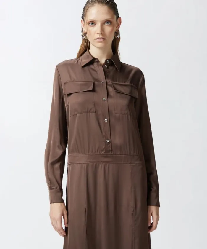 Women Dresses Pinko Long Satin Shirt Dress Brownafrica Earth Women Dresses Pinko Long Satin Shirt Dress Brownafrica Earth