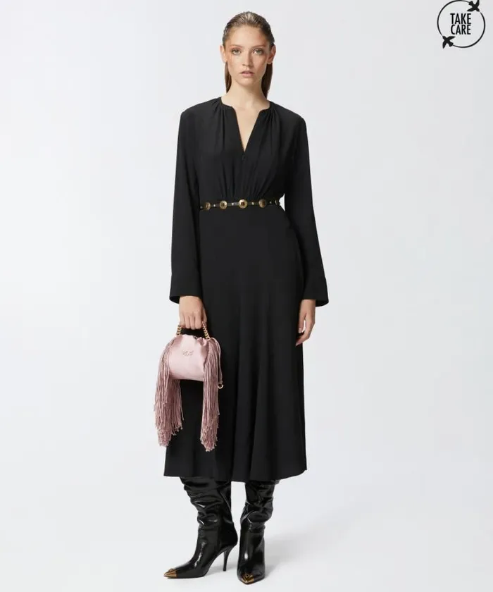 Women Dresses Pinko Long Silkblend Dress With Belt And Long Sleeves Limo Black