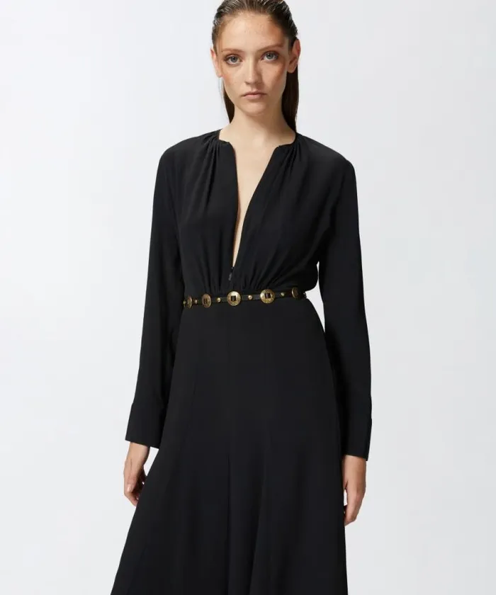 Women Dresses Pinko Long Silkblend Dress With Belt And Long Sleeves Limo Black Women Dresses Pinko Long Silkblend Dress With Belt And Long Sleeves Limo Black