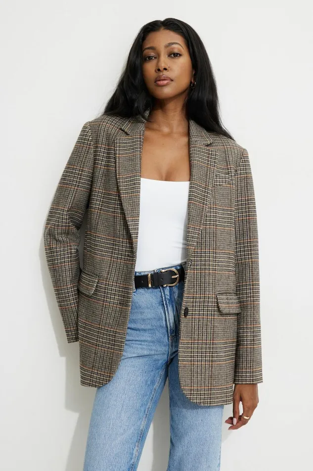 Women Dynamite Blazers and Vests Diana Plaid Oversized Blazer Brown