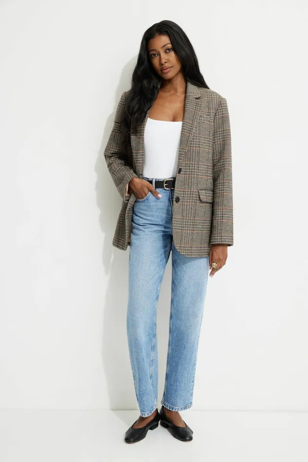 Women Dynamite Blazers and Vests Diana Plaid Oversized Blazer Brown
