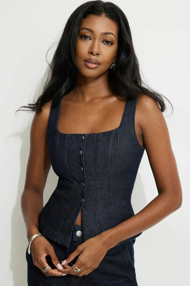 Women Dynamite Blouses and Tops Snap Front Denim Corset Top Blue