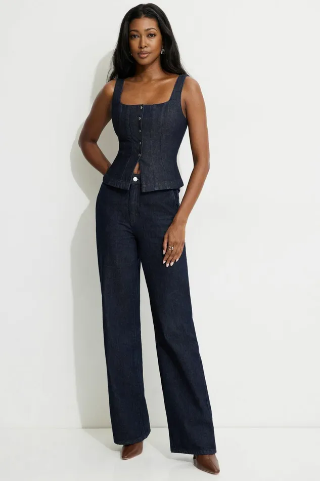 Women Dynamite Blouses and Tops Snap Front Denim Corset Top Blue