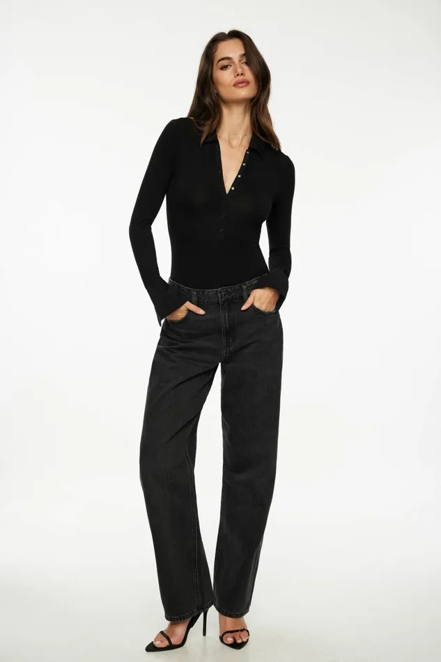Women Dynamite Bodysuits Jersey Long Sleeve Polo Bodysuit Black