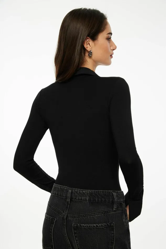 Women Dynamite Bodysuits Jersey Long Sleeve Polo Bodysuit Black