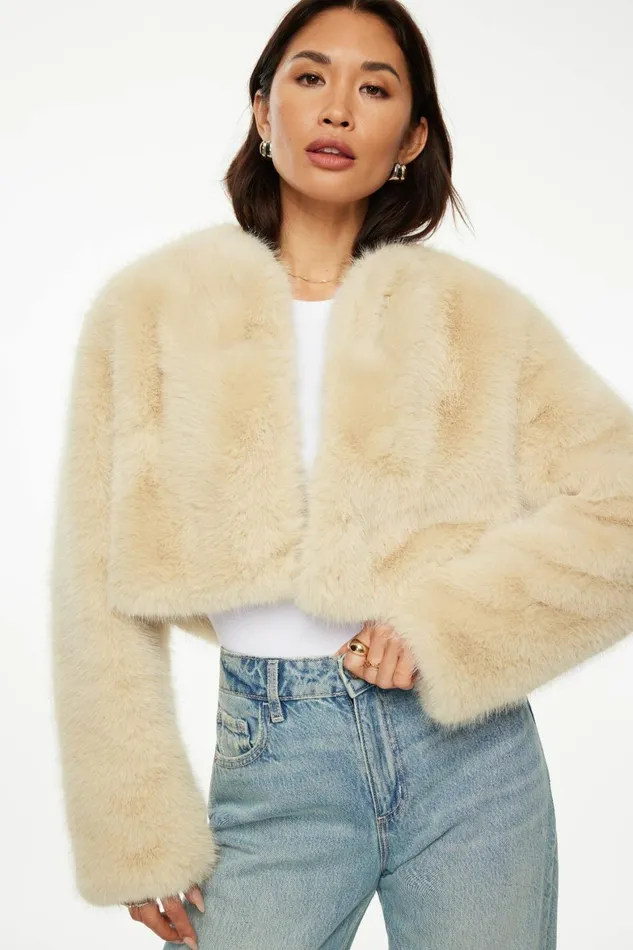 Women Dynamite Coats and Jackets Faux Fur Cropped Jacket Beige