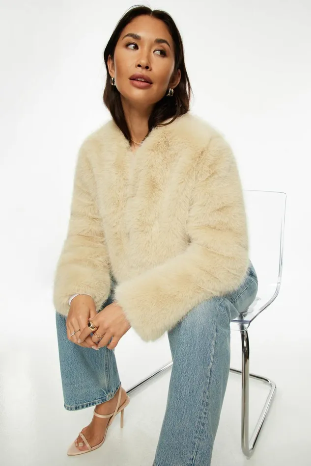 Women Dynamite Coats and Jackets Faux Fur Cropped Jacket Beige