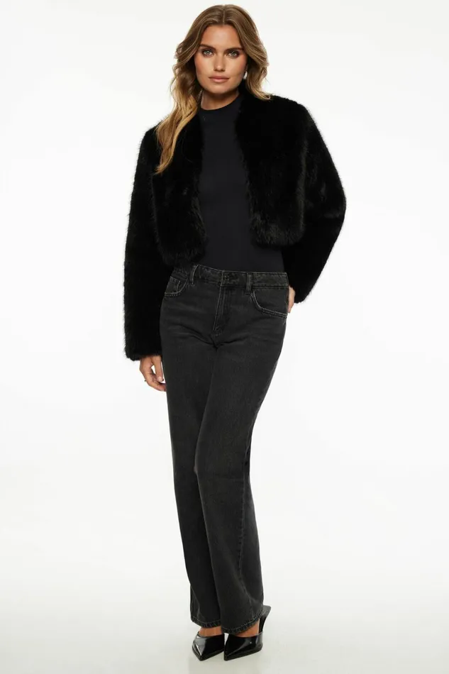 Women Dynamite Coats and Jackets Faux Fur Cropped Jacket Black