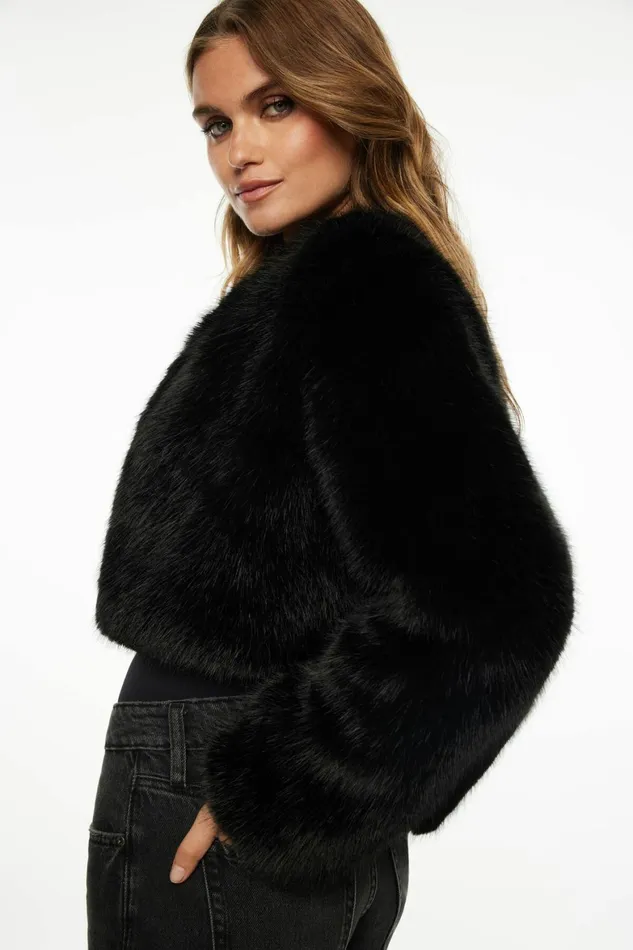 Women Dynamite Coats and Jackets Faux Fur Cropped Jacket Black