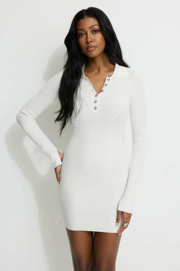 Women Dynamite Dresses and Jumpsuits Ribbed Polo Mini Dress Beige