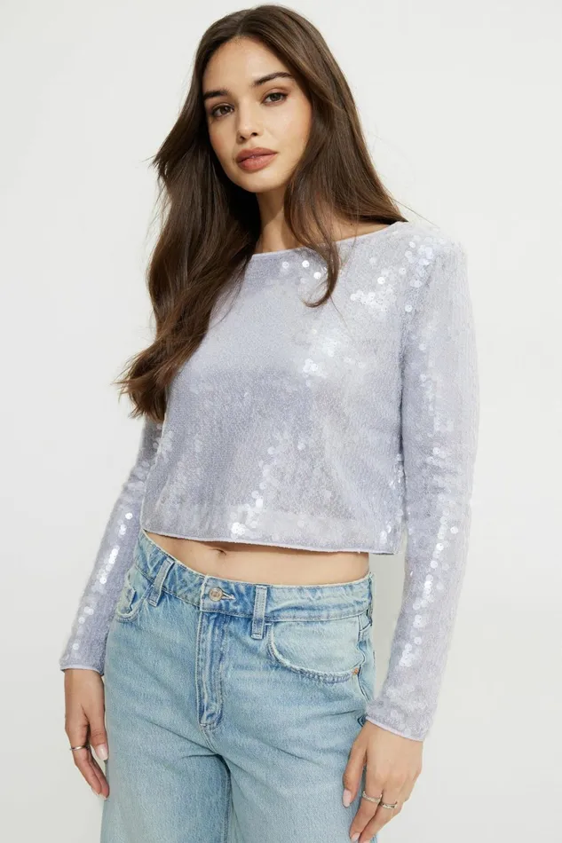 Women Dynamite Long Sleeve Tops Sequin Crewneck Top White
