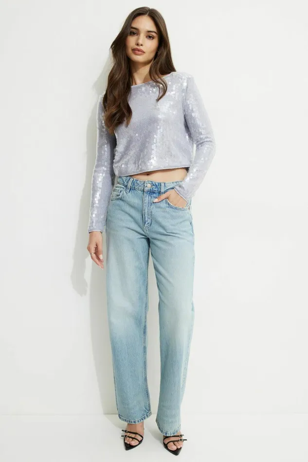 Women Dynamite Long Sleeve Tops Sequin Crewneck Top White