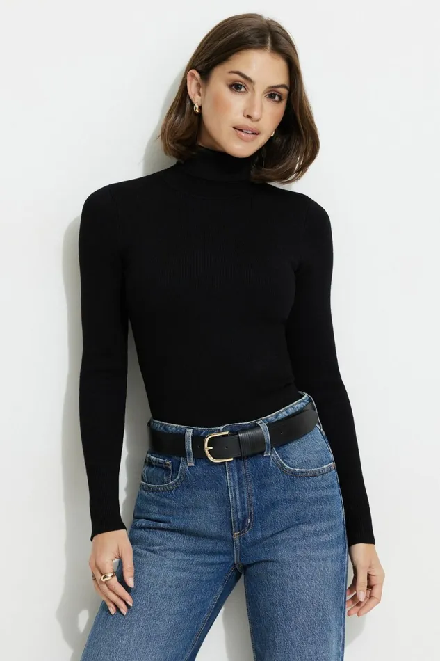 Women Dynamite Tops Button Cuff Turtleneck Sweater Black
