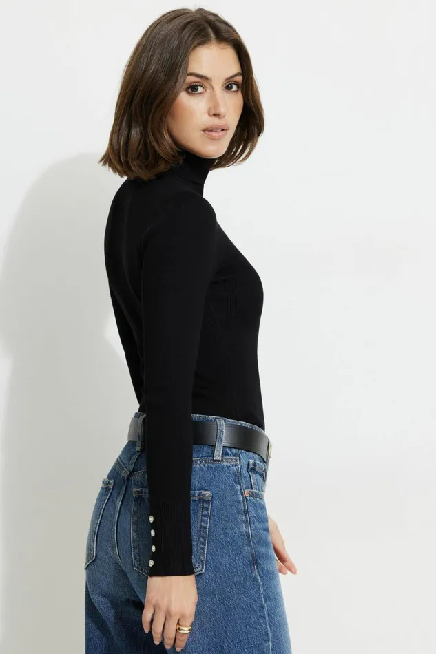 Women Dynamite Tops Button Cuff Turtleneck Sweater Black