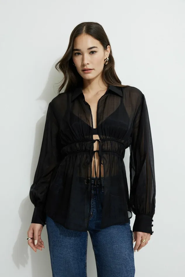 Women Dynamite Tops Organza Flyaway Blouse Black