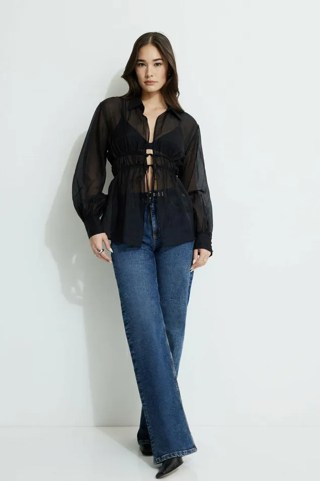 Women Dynamite Tops Organza Flyaway Blouse Black