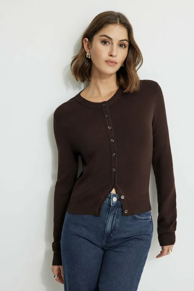 Women Dynamite Tops Rebecca Crewneck Cardigan Brown