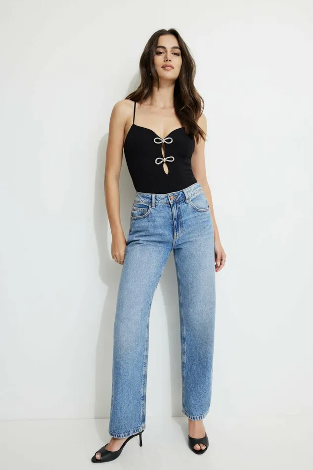 Women Dynamite Tops Rhinestone Bow Bodysuit Black