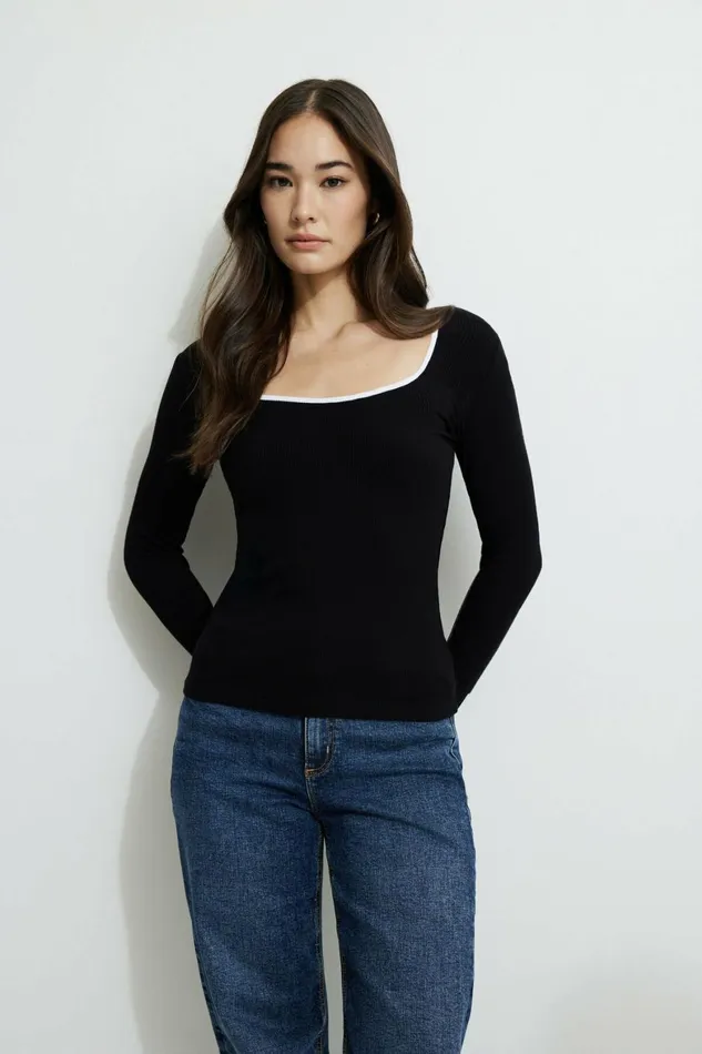 Women Dynamite Tops Ribbed Contrast Long Sleeve TShirt Black