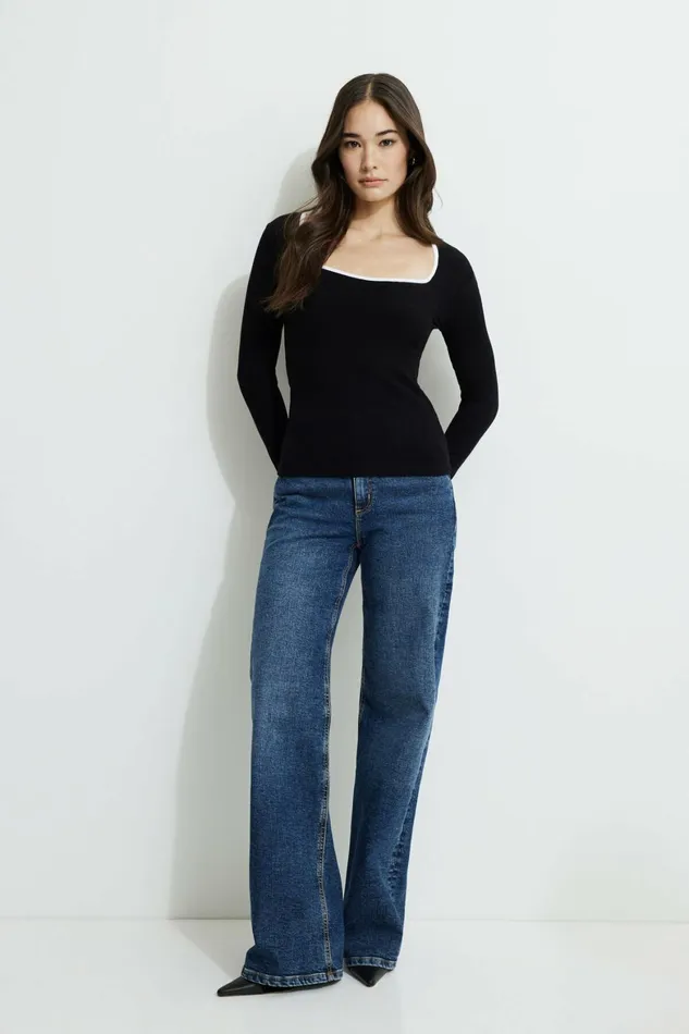 Women Dynamite Tops Ribbed Contrast Long Sleeve TShirt Black
