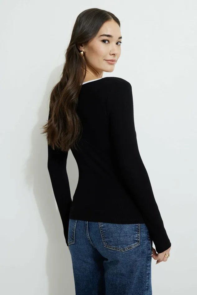 Women Dynamite Tops Ribbed Contrast Long Sleeve TShirt Black