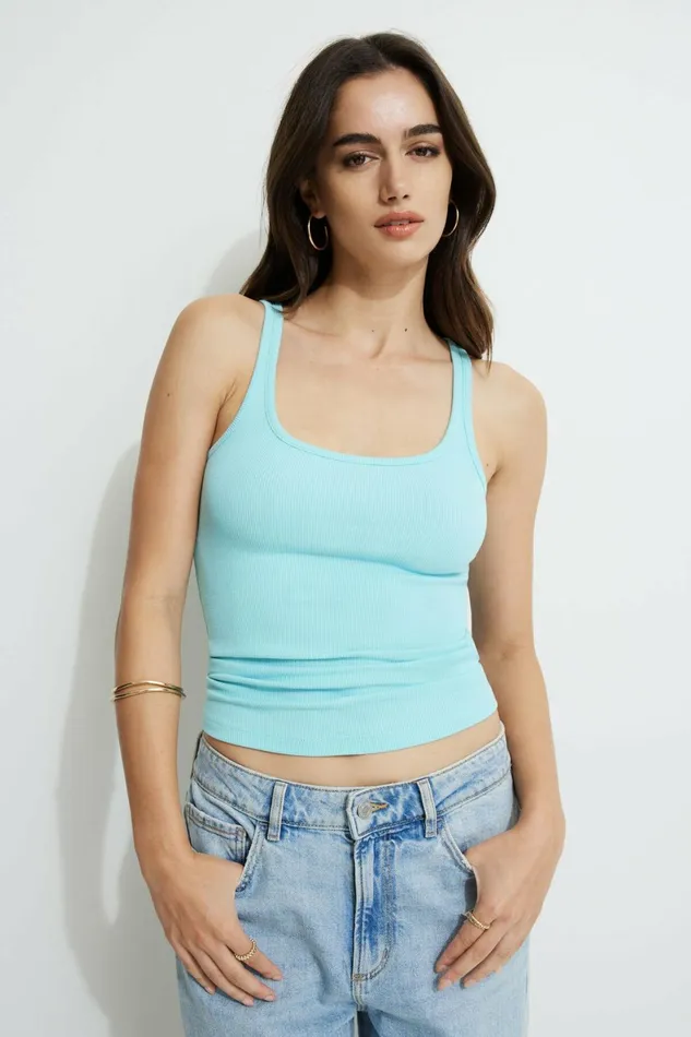 Women Dynamite Tops Ribbed Scoop Neck Tank Top Blue