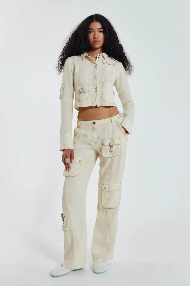 Women Ecru Skinny Linen Cargo Trousers Jaded London CoOrds