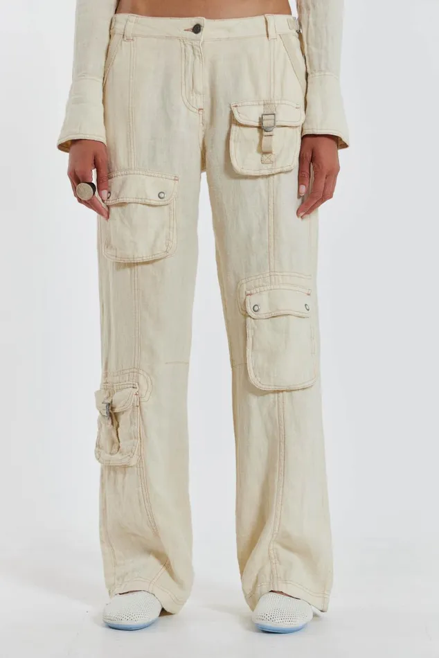 Women Ecru Skinny Linen Cargo Trousers Jaded London CoOrds