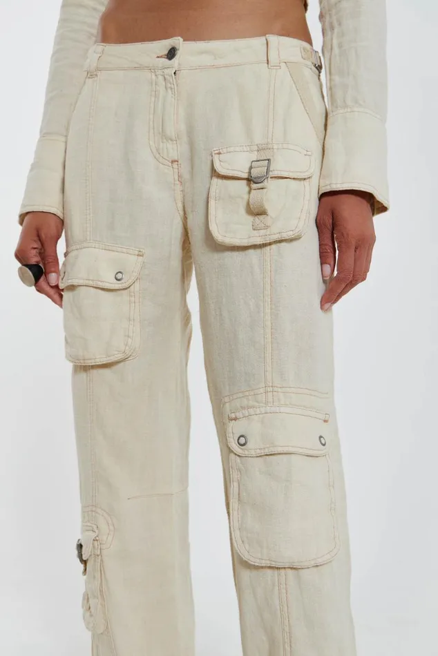 Women Ecru Skinny Linen Cargo Trousers Jaded London CoOrds